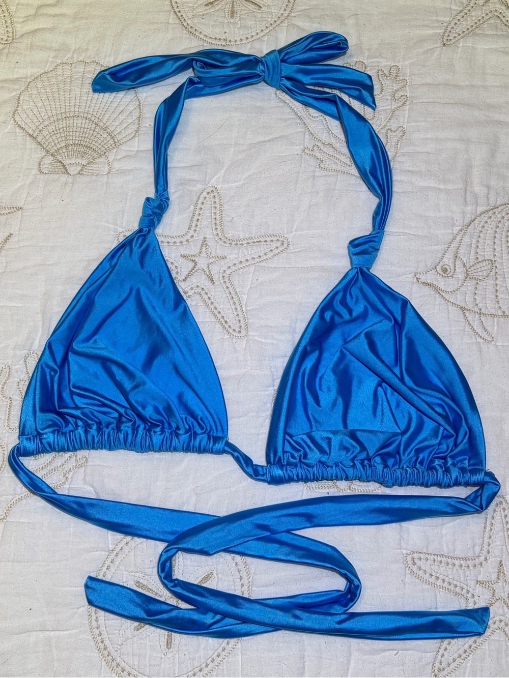 Satiny Shiny Sexy Blue Sliding Triangle Bikini Top With Knotted Detail. XL
